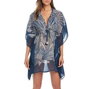 Bleu Rod Beattie Tropical Print V-Neck Flutter Sleeve Caftan Swim Cover-Up